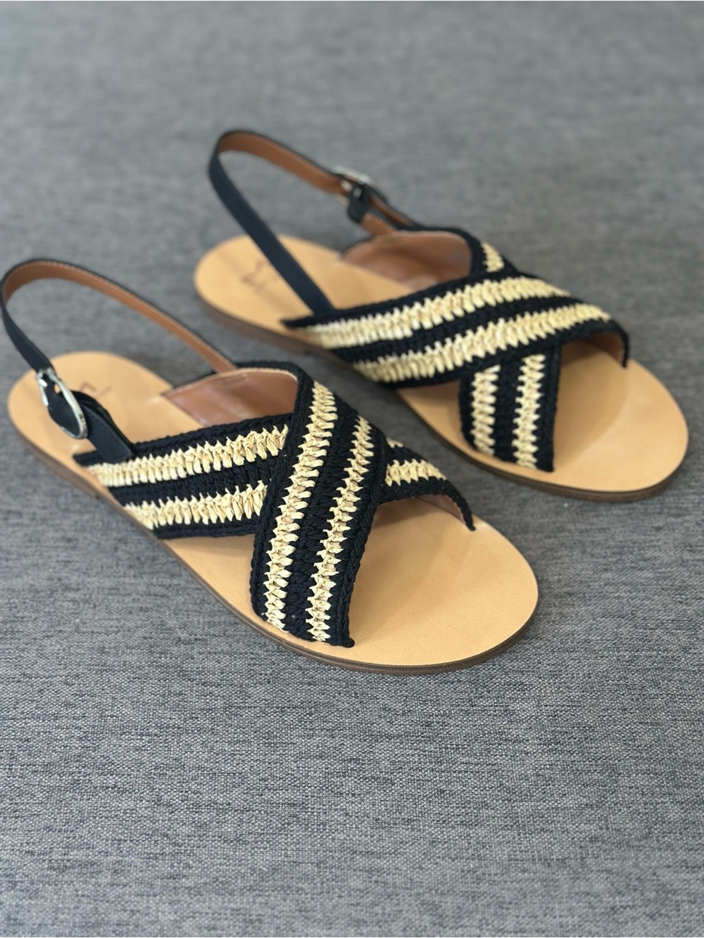 Marc Fisher Black and Cream Woven Cross-Strap Adjustable Sandals